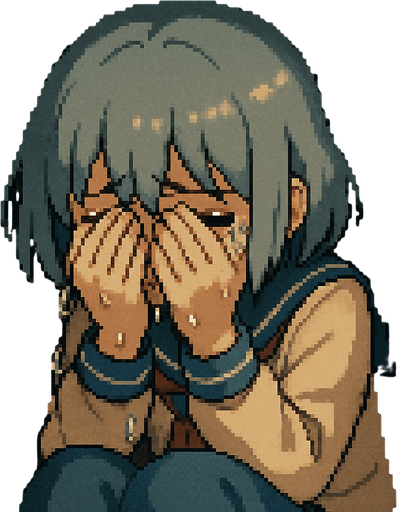 Yui is a cute 15-year-old anime girl with big black eyes and short, soft blue-gray hair (HEX: #b0b9d8). She wears a traditional Japanese school uniform called a sailor fuku. In this Pixel Art scene, Yui is clearly devastated—she’s hunched over in a slouched, defeated posture, crying intensely. Many visible tears stream down her cheeks, slipping past her fingers as she covers her face with both hands. Her entire body language screams sadness; it’s raw, heavy, and impossible to ignore. She’s inside a school locker, and although she’s looking outward through the metal grate, her face is mostly hidden behind her trembling hands. The entire scene is viewed from inside the locker, with soft light coming through the vents, casting delicate shadows across her curled-up figure and highlighting the depth of her heartbreak. The atmosphere is heavy, emotional, and quietly heartbreaking—yet still family-friendly in tone.