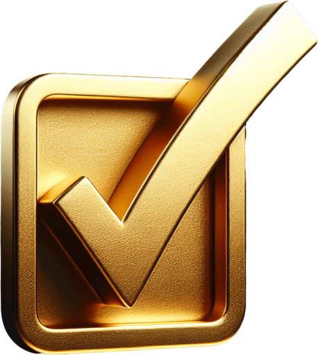 Brilliant Gold Checkmark.
Single Game Texture. In-Game asset. 2d. Blank background. High contrast. No shadows.