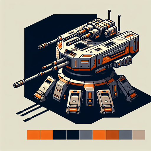 turret.
Single Game Texture. In-Game asset. 2d. Blank background. High contrast. No shadows.
less futuristic orange and silver colored shoots normal bullets two rifles