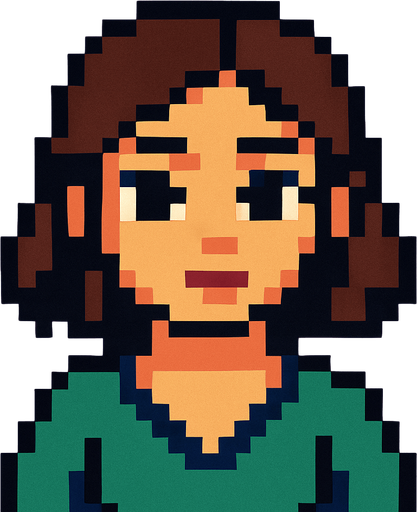 Personaje artística viendo a la cámara pixel art.
In-Game asset.  2d.  High contrast.  No shadows