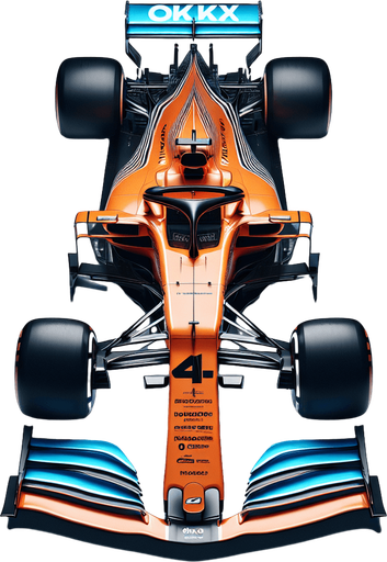 Photorealistic F1 McLaren race car, Top view. 
Orange coloured body and black thick stripe with white Chrome text where the o letter is Google chrome logo. 
Skyblue lines on nose sides. 
Silver 4 number on nose. 
Black OKX text on rear wing.
