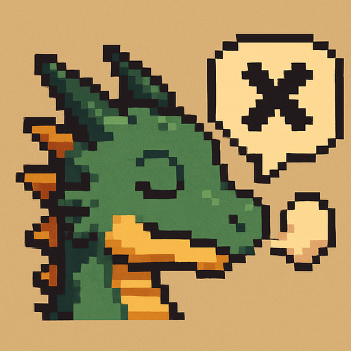 A small pixel art dragon head viewed from the side, mouth closed with a small puff of smoke or a speech bubble with a cross to symbolize that sound is off. The expression is calm and cute. Designed as a fantasy-themed icon for a retro-style 2D game UI..
In-Game asset.  2d.  High contrast.  No shadows. pixel art. side view. cute. fantasy. retro. dragon. mute. icon