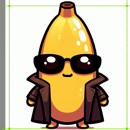 video game cute banana Pokémon with Matrix-like black glasses and a trench coat, oversized head occupying most of its body, standing on two tiny chubby feet at the bottom, tiny adorable creature with a cute angry expression, looking straight ahead, facing the camera directly. 2D flat vector illustration.
Single Game Texture. In-Game asset. 2d. Blank background. High contrast. No shadows.