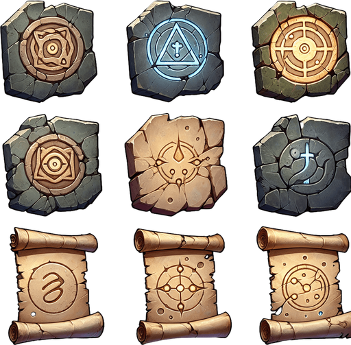 a cracked stone tablet or ancient scroll depicting elemental symbols with a subtle glow..
Single Game Texture.  In-Game asset.  2d.  Blank background.  High contrast.  No shadows