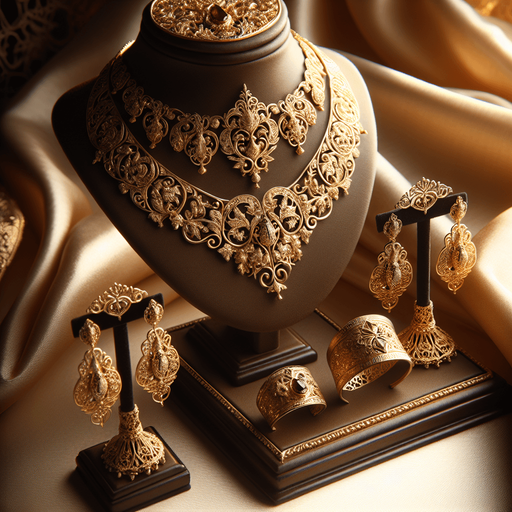 a set of classical gold jewelry on a small display bust