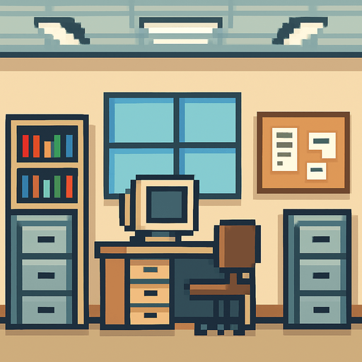 boring office background pixel art 2d..
In-Game asset.  2d.  High contrast.  No shadows