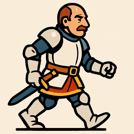 şovalye kıyafetli orta yaşlı bir adam belinde kılıcıyla sağdan sola yürür gibi.
In-Game asset.  2d.  High contrast.  No shadows