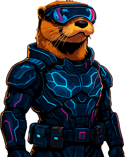 Create a hyper-detailed digital illustration of a sleek, golden-furred otter standing confidently in a neon-lit cyberpunk city at night. The otter wears high-tech armor with glowing blue and magenta circuitry patterns, a visor with holo-display reflections, and a utility belt of futuristic gadgets. Rain slicks the wet street beneath its feet, and towering skyscrapers with animated billboards loom behind. Moody atmosphere, vibrant neon color palette, cinematic lighting, 4K resolution, game-ready character portrait..
In-Game asset.  2d.  High contrast.  No shadows