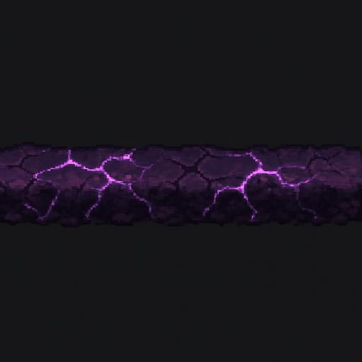 "High-quality 2D pixel art of a corrupted, infected soil tile designed as a horizontal strip. The terrain appears as a thin, straight line of dark purple, violet, and magenta tones, resembling infected earth. Cracks, glowing purple veins, and subtle texture details give it a diseased, magical look. The line is seamless and tileable, ideal for use as a corrupted ground border or floor edge in a fantasy RPG. Style is clean and detailed 16-bit pixel art. Transparent background