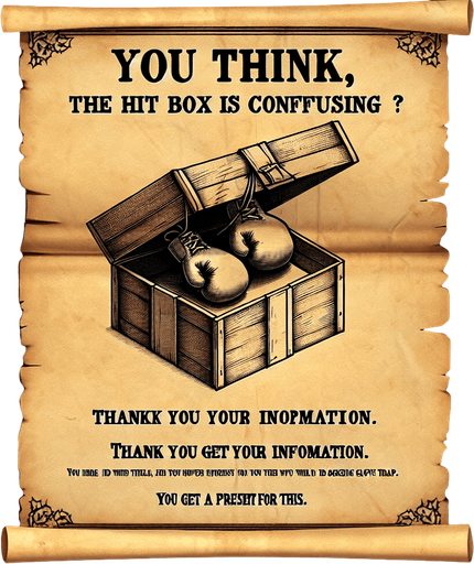 a pergament of a christmas present with a box glove trap. There is the text: "You think, the hit box is confusing? Thank you for your information. You get a present for this."