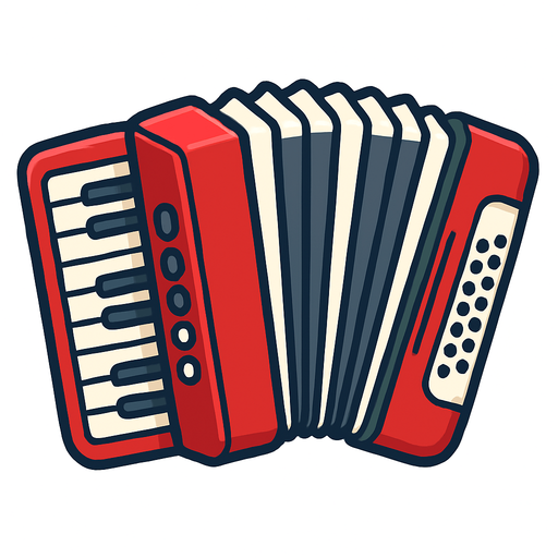 A clean, colorful 2D illustration of a traditional accordion, designed in cartoon or flat vector style. The accordion should have red-and-white or black-and-white bellows, visible keys and buttons, and rounded edges. Add a soft shadow and outline to make it pop against any background. Export as a transparent PNG (no background), suitable for use as a game asset in a mobile quiz game. Size should be square-friendly and visually clear even at small sizes..
In-Game asset.  2d.  High contrast.  No shadows