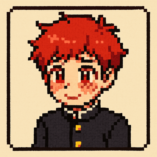 A cute 15-year-old red-haired boy with bright red eyes, wearing a traditional Japanese school uniform (gakuran). He is framed inside a square, showing a shy expression: blushing cheeks, slightly averted gaze, and a small, nervous smile. His shoulders are slightly hunched, giving off a sense of insecurity, yet his cuteness stands out clearly. The image is illustrated in Pixel Art style..
In-Game asset.  2d.  High contrast.  No shadows