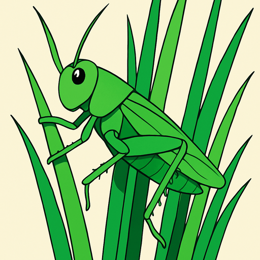 gambar 2d anime belalang hijau menempel di rumput panjang.
In-Game asset.  2d.  High contrast.  No shadows