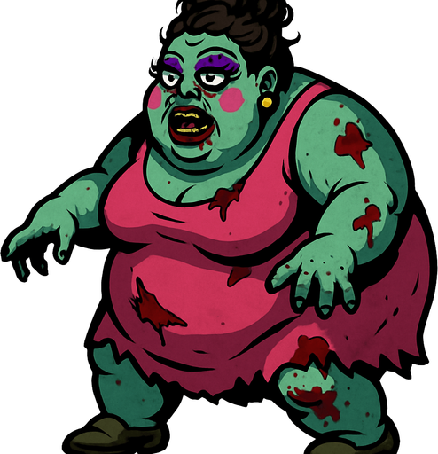 boss zombie şişko kadın makyajlı.
In-Game asset.  2d.  High contrast.  No shadows