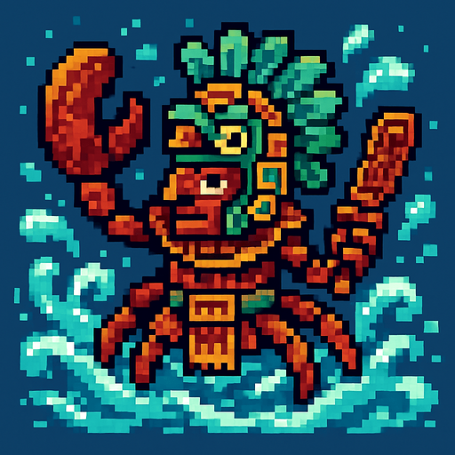 Generame un guerrero azteca con patrones, estilo pixelar, además será una Cangrejo violinista, con efectos de AGUA.
In-Game asset.  2d.  High contrast.  No shadows