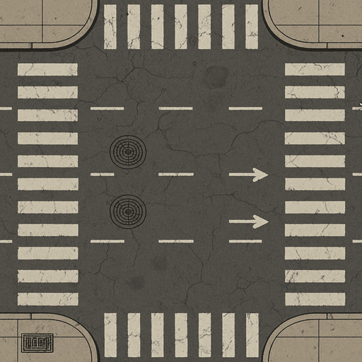 A highly detailed 2D top-down view of an urban asphalt road with multiple lanes, crosswalks, lane markings, realistic cracks, manholes, faded paint, and small debris like leaves or pebbles. Include sidewalks with curbs, drainage grates, and subtle oil stains. The scene should reflect a realistic city environment, with attention to texture and lighting for depth. The illustration style should be clean yet rich in detail, combining technical drawing precision with artistic shading.
In-Game asset.  2d.  High contrast.  No shadows