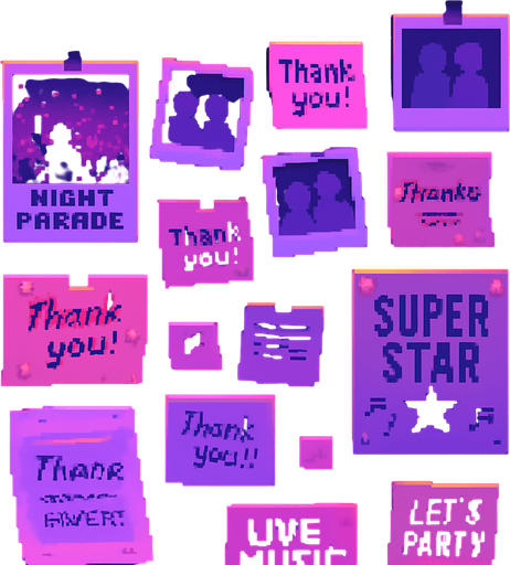 A 2048x2732 vertical pixel art background for a credits screen in a rhythm-based pixel art game. The scene shows a cozy wall in the same neon-lit DJ studio, filled with pinned polaroid photos, signed posters, music flyers, sticky notes, and handwritten thank-you notes. Soft glowing fairy lights hang above. The lighting is soft pink, violet and blue, with a nostalgic, emotional, and heartfelt vibe. No characters or UI — just a decorative wall filled with creative memories and gratitude..
In-Game asset.  2d.  High contrast.  No shadows