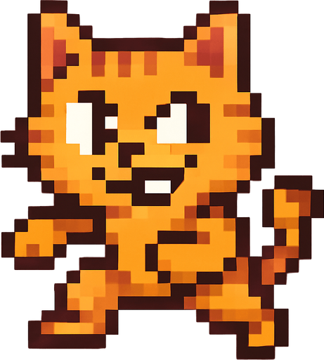 Crea un personaje que sea un gato simpático, estilo pixel art.
Debe estar de pie y verse como si pudiera esquivar cosas.
Que tenga una expresión divertida o decidida.
El fondo debe ser transparente.