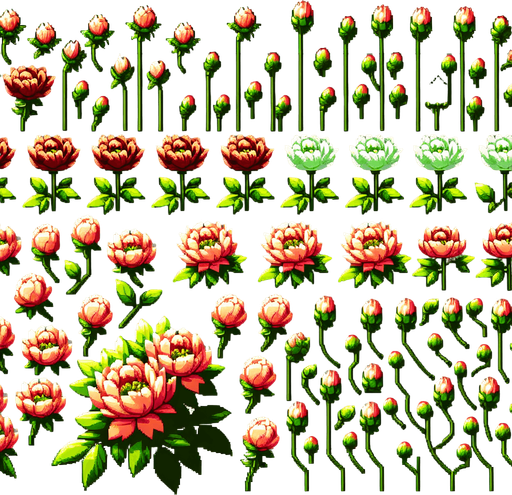 A sprite sheet of flowers with green buds. Overhead view..
Single Game Texture. In-Game asset. 2d. Blank background. High contrast. No shadows.