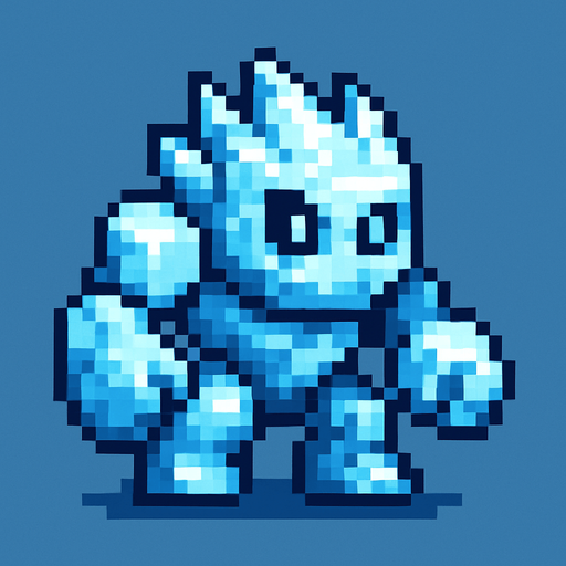 minik  buz golemi pixel art.
In-Game asset.  2d.  High contrast.  No shadows