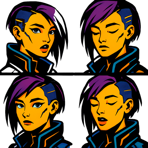 Cyberpunk girl looking to the camera by side, the half upper part of it only not all body, different frames opened eyes opened mouth, closed eyes closed mouth, opened eyes closed mouth, closed eyes opened mouth, each frame in one image.
In-Game asset.  2d.  High contrast.  No shadows