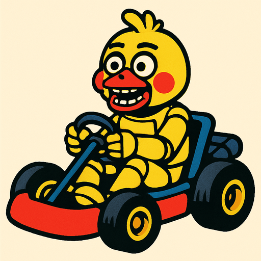 Un pollo amarillo animatronico en un kart.
In-Game asset.  2d.  High contrast.  No shadows