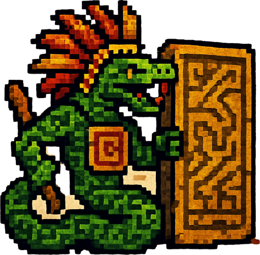 Generame un guerrero azteca con patrones, estilo pixelar, además será un animal Anaconda verde, con efectos de tierra, cargando un gran escudo o muro..
In-Game asset.  2d.  High contrast.  No shadows