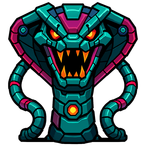 different big cyber snake Robot enemy from the front side facing camera. HD colors. separated
In-Game asset.  2d.  High contrast.  No shadows