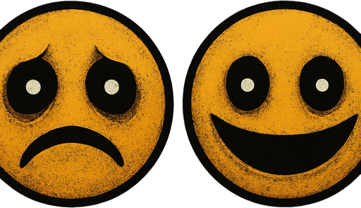 Creepy sad and happy emoji with black eyes and white people's.
In-Game asset.  High contrast.  No shadows