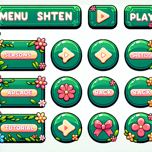 A sprite sheet with menu buttons for a game. Rectangular buttons say “Play” “Seasons” “Arcade” “Back” and “Tutorial”. Font should be stylized and include flowers on the edges. Vivid cartoon graphics. Color scheme should be greens with, pink and yellow. 
Single Game Texture. In-Game asset. 2d. Blank background. High contrast. No shadows.