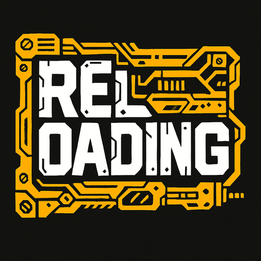 `Reloading` word but mecha style.
In-Game asset.  2d.  High contrast.  No shadows