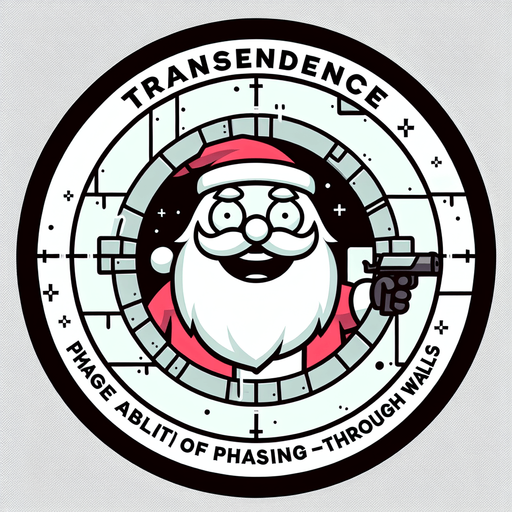 Icon for santa moving through walls, on a circle, with the text „transcendence“ at top, cartoon Single Game Texture. In-Game asset. 2d. Blank background. High contrast. No shadows.