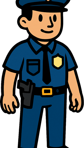 mavi polis giysili, cebinde silah olan tüm vücudu görünen bir polis.
In-Game asset.  2d.  High contrast.  No shadows