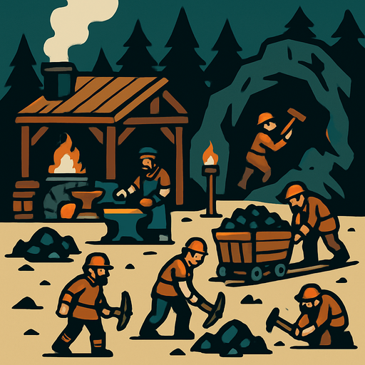 Demirci ve madencilerin olduğu uzaktan bakış bir kamp alanı oluştur..
In-Game asset.  2d.  High contrast.  No shadows