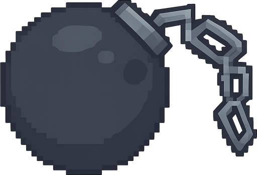 Una bola de acero negro  con unas cadenas grises estilo pixel art. No background. Transparent background. Blank background. No shadows. 2d. In-Game asset. flat