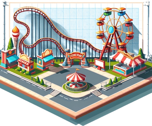 theme park.
Single Game Texture.  In-Game asset.  2d.  Blank background.  High contrast.  No shadows. 2d