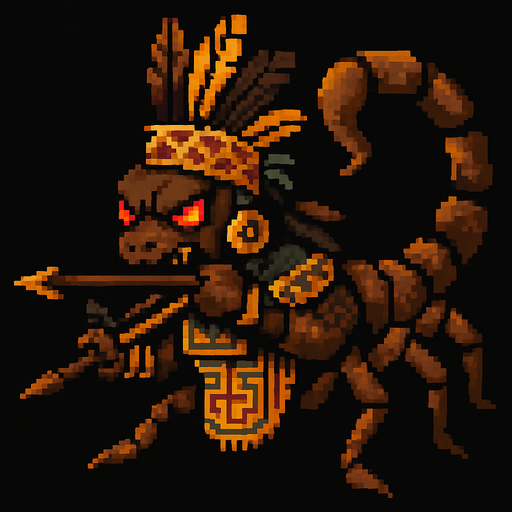 Genérame una Escorpion Colombiano guerrero azteca con eso patrones, estilo pixelar, con una apariencia maligna, ojos rojos, rabioso. Unidad a distancia, con un arco o cerbatana. Animal.
In-Game asset.  2d.  High contrast.  No shadows