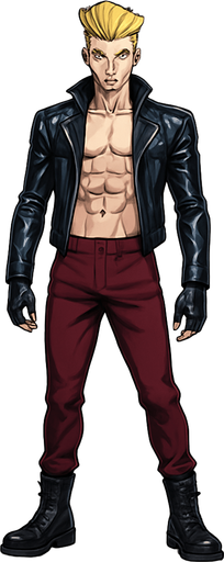 Idle animation, sleek graceful man Cyberpunk manga, facing forward idle pose shiny black leather biker jacket longsleeves shirtless Skinny abs blonde pompadour guy, action shot wine red joggers combat boots, Background removed, "Full-body character, entirely in frame, no cropping of face, head, or feet" "Complete character visible, from head to toe, fully centered in the image" "Entire character, including face and boots, fully within the frame" Character fully contained within a square frame, no edges cut off fashion model pose