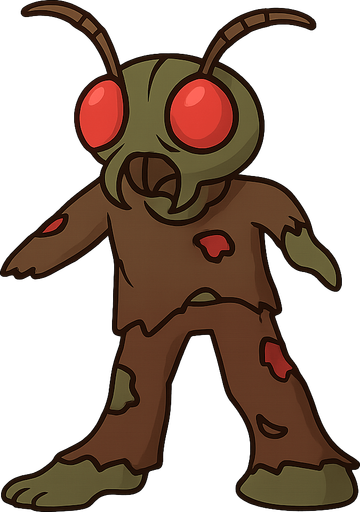 bug headed zombie. No background. Transparent background. Blank background. No shadows. 2d. In-Game asset. flat