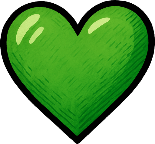 corazon verde dibujado.
In-Game asset.  2d.  High contrast.  No shadows