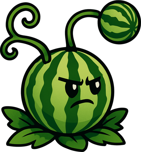 Melón como Cuerpo: La planta en sí parece ser un melón grande y redondo, con las características rayas verdes oscuras y claras de una sandía.

Cara y Hojas: Tiene dos ojos pequeños y una expresión que denota seriedad o concentración, propia de una planta de ataque. En su base, tiene hojas verdes que la asientan en el suelo.

Brazos de Enredadera con Melón: De la parte superior de su cuerpo, salen dos enredaderas o tallos verdes y enrollados que sostienen un melón más pequeño. Este melón es el "proyectil" que lanza. El mecanismo sugiere que es una especie de honda o catapulta natural..
In-Game asset.  2d.  High contrast.  No shadows