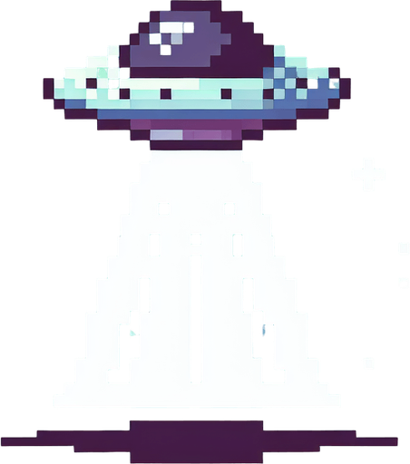 pixel art of a small flying UFO.
Single Game Texture. In-Game asset. 2d. Blank background. High contrast. No shadows.