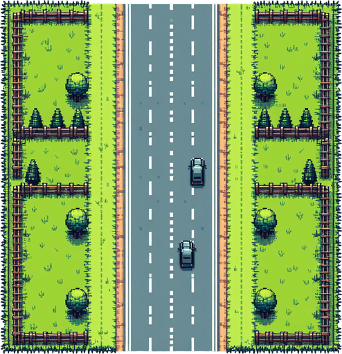 Top-down seamless vertically scrolling background for an endless driving game, central road with 3 lanes, side grass, trees, and fences, pixel art style, 512x1024 resolution".
Single Game Texture.  In-Game asset.  2d.  Blank background.  High contrast.  No shadows