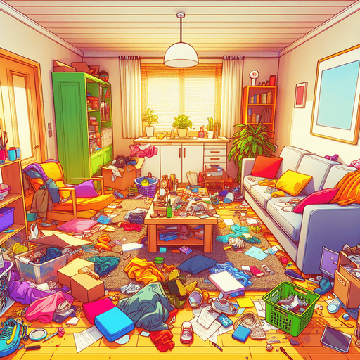 dağınık bir oturma odası, odanın içinden görünüm. 3d renkli anime, çizgi film