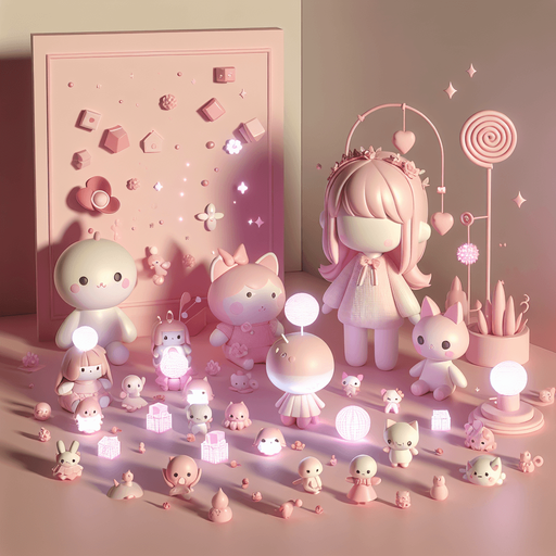 Beautiful 3d pink theme with other soft colours with cute soft kawaii 3d dolls and tiny glowing creatures.
Single Game Texture. In-Game asset. 2d. Blank background. High contrast. No shadows.