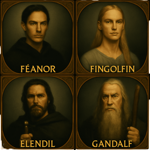 Tamamen aynı stil aynı çerçeve aynı boyut ve aynı biçimi kullan ancak Feanor (Sakalsız yüce elf), Fingolfin (Sarışın uzun saçlı elf), Elendil, Gandalf ı yap