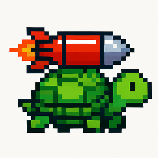 a turtle having a misile on her shell, pixelart.
In-Game asset.  2d.  High contrast.  No shadows