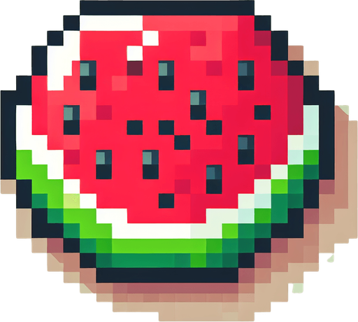 8 bit watermelon slice no shadows.
Single Game Texture. In-Game asset. 2d. Blank background. High contrast. No shadows.