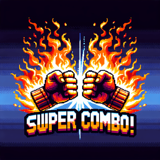 Text SUPER COMBO! Gradient, Fists In fire.
Single Game Texture. In-Game asset. 2d. Blank background. High contrast. No shadows, Detailed Pixel art style