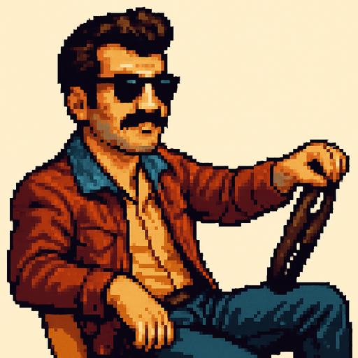 pixel art image of a 34-year-old cool-looking driver guy in a vintage retro 1980s style, Turkish style depicted in a 3/4 view. The driver should be leaning back casually, exuding confidence and style, with one hand on the wheel as if driving. Single Game Texture. In-Game asset. 2d. Blank background. High contrast. No shadows.